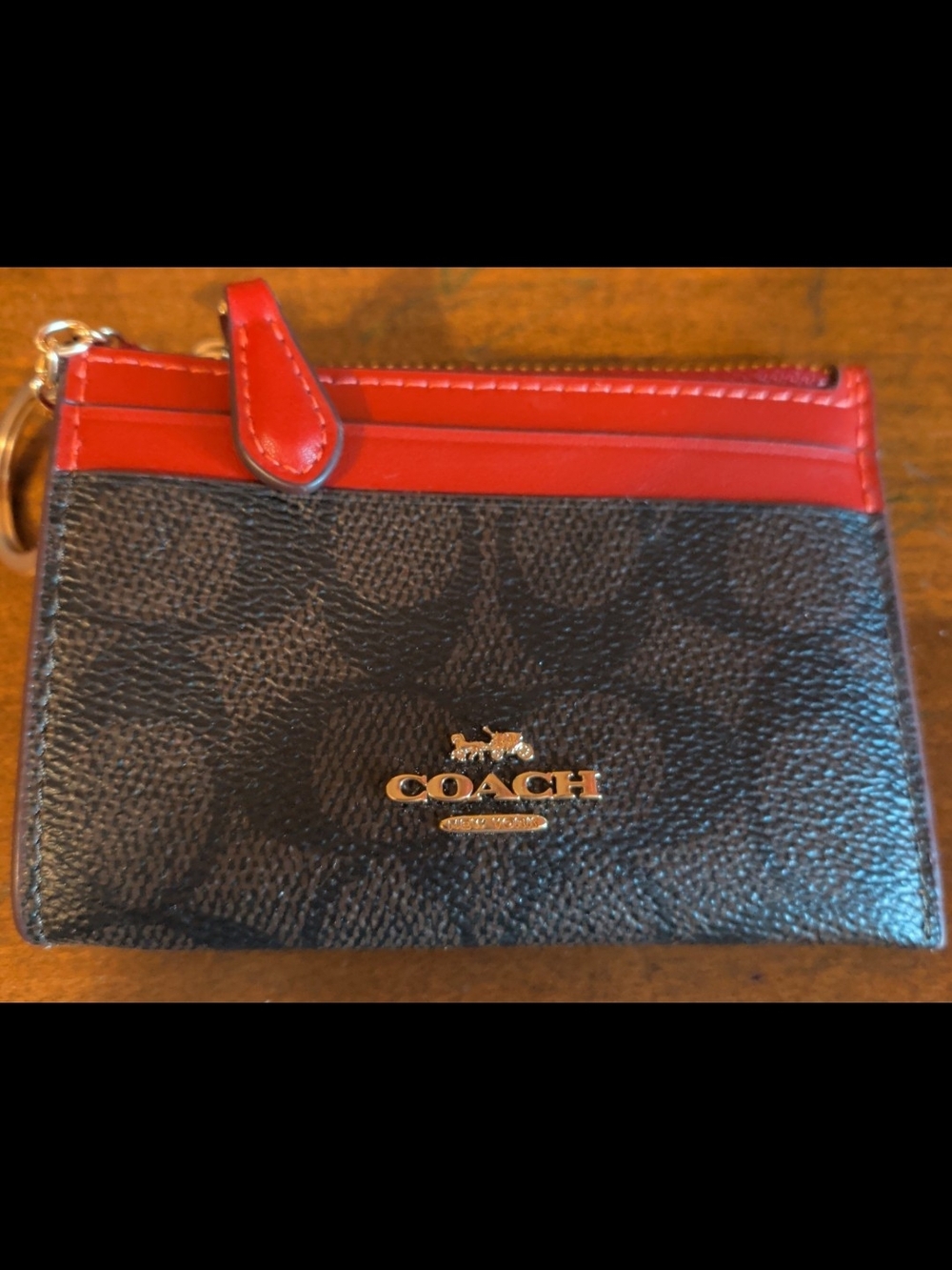 COACH Signature Canvas Card Case with Red Trim